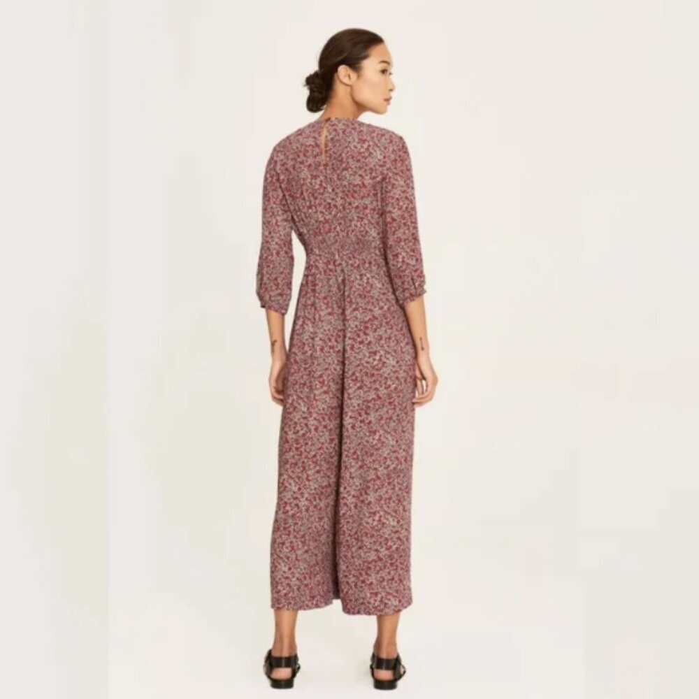 Ba&sh size Medium Red Abstract Floral Ruffle V Neck Wide Leg Cloy Jumpsuit - Picture 2 of 12